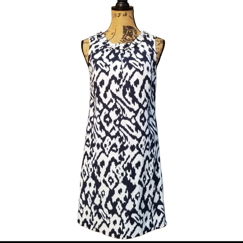 Linen Blend Dress Ann Taylor LOFT Outlet Sz 0 Navy White Ikat Sleeveless Ruffle
